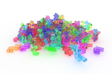 Soyut CGI tipografi, iyi tasarım, para ya da kar için para birimi işareti için arka plan. Renkli şeffaf plastik ya da cam 3d render. Resmi, duvar kağıdı, kazanç ve modelleme.