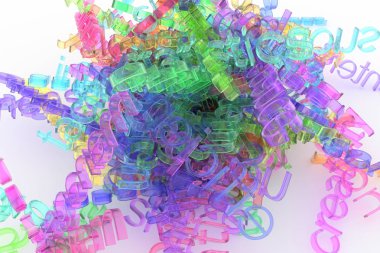 Soyut CGI tipografi, bilgi overload iş kelime demet. Web sayfası, grafik tasarım, doku ve arka plan için iyi. Renkli şeffaf plastik ya da cam 3d render.