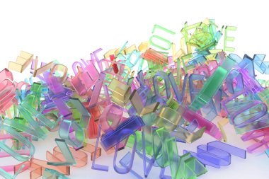 Soyut CGI tipografi, iyi tasarım, kelime aşk için Grup için arka plan. Renkli şeffaf plastik ya da cam 3d render. Yaratıcılık, stil, zemin ve illüstrasyon.