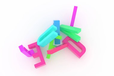 Soyut CGI tipografi, iyi tasarım, harf ABC için alfabetik karakter için arka plan. Renkli 3d render. Word, rasgele, sembol ve yaratıcılık.