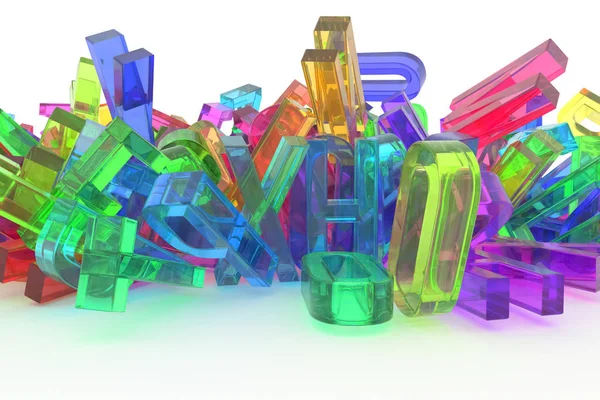Decorative, illustrations CGI typography, letter of ABC, alphabet. Good for design texture, background. Colorful transparent plastic or glass 3D rendering. Graphic, communication, pile & concept.