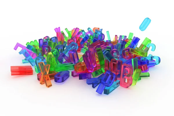 Abstract CGI typography, letter of ABC, alphabet. Good for web page, wallpaper, graphic design, catalog, texture, background. Colorful transparent plastic or glass 3D rendering. Random, pile, mess & education.