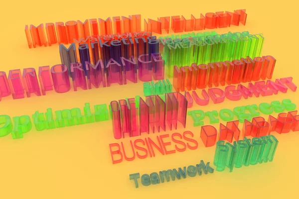 Business Related Keywords Illustrations Cgi Typography Colorful Transparent Plastic Glass — Stock Photo, Image