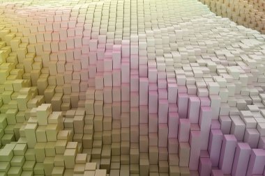 Renkli 3D görüntüleme. Bloklar, geometrik yapı, şekil bileşimi. Web sayfası, duvar kağıdı, grafik tasarımı, katalog, doku veya arkaplan için.