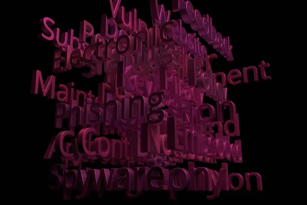 3D rendering. Keywords, computer or IT related, CGI typography with dark background. For web page, wallpaper, graphic design, catalog, texture or background.