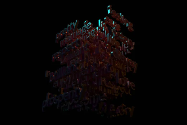 CGI typography with dark background, motivation related keywords cloud, for design texture or background. 3D rendering.