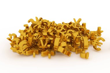 Para birimi işareti temsil para ya da kar CGI tipografi, tasarım ve grafik kaynak için bir arka plan soyut, grup. Altın rengi 3d render.