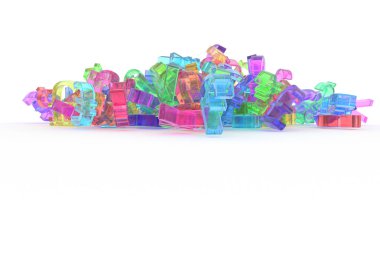 CGI tipografi, para ya da kar, para birimi işareti demet. Dekoratif, çizimler. Tasarım doku için arka plan. Renkli şeffaf plastik ya da cam 3d render.