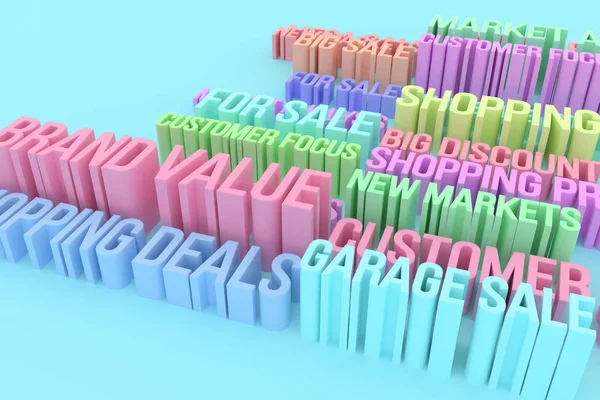 CGI typography, business marketing related keywords, for design texture or background. Colorful 3D rendering. Deals, promotions, shopping, sale.