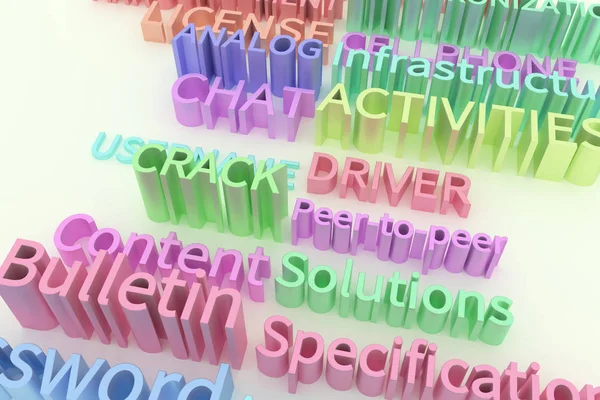 Colorful 3D rendering. Keywords, computer IT related, CGI typography. For web page, wallpaper, graphic design, catalog, texture or background. Driver, password, crack, solutions.