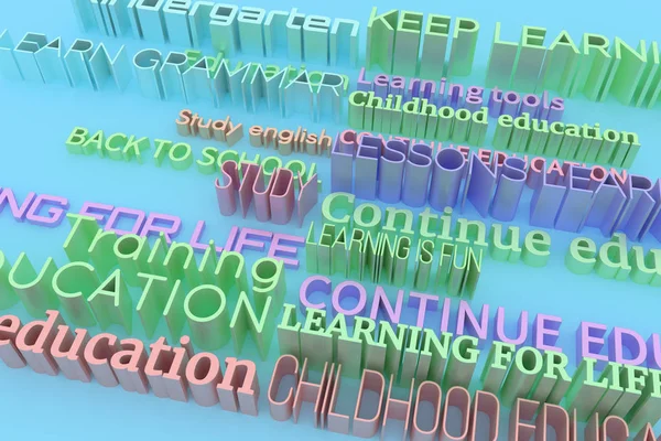 CGI typography, education related keywords, for design texture or background. Colorful 3D rendering.