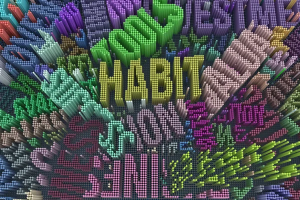 Keyword of Habit. Colorful 3D rendering. Shape composition, geometric structure block, for design texture or background.