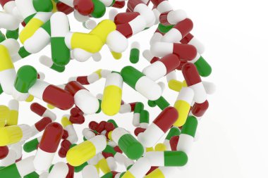 Sağlık kavramsal, kapsül, ilaç veya ilaç, beyaz arka plan üzerinde izole grup ile. Geometrik 3d render.