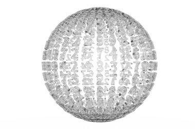 Küre ya da numara karakter, CGI tipografi, saydam cam, B&W siyah ve beyaz, grafik tasarım veya arka plan için yapılan gezegen,.