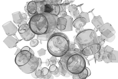 Beyaz arka plan üzerinde uçuşan şeffaf gözlük. Siyah ve beyaz B&W 3d render.