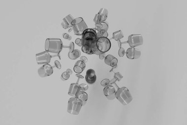 Beyaz arka plan üzerinde uçuşan şeffaf gözlük. Siyah ve beyaz B&W 3d render.