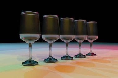 Şeffaf gözlük renkli aydınlatma arka planla. 3D render.