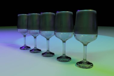 Şeffaf gözlük renkli aydınlatma arka planla. 3D render.