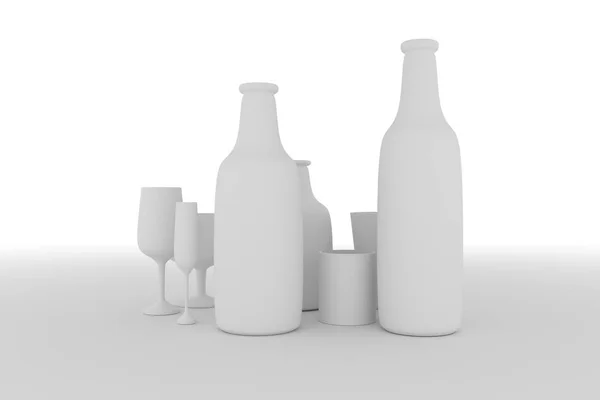 CGI compositie, concepture stilleven, fles & glas voor desig — Stockfoto