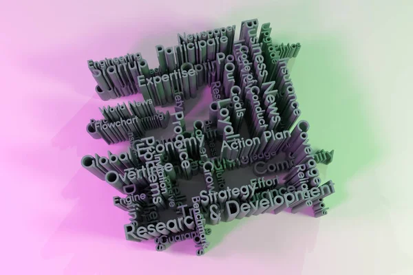 Palabra clave de negocio 3D y nube de palabras. Representación de CGI. Para página web —  Fotos de Stock