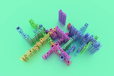 Sağlık veya yaşam tarzı anahtar kelime kelime bulut. Grafik tasarım için, tex