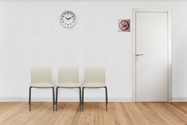 empty waiting room with chairs, clock on wall and close door with no smoking symbol