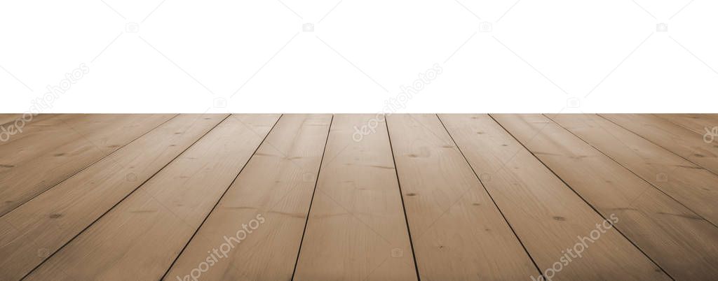 light brown wooden planks as a table or floor in perspective, isolated on white.