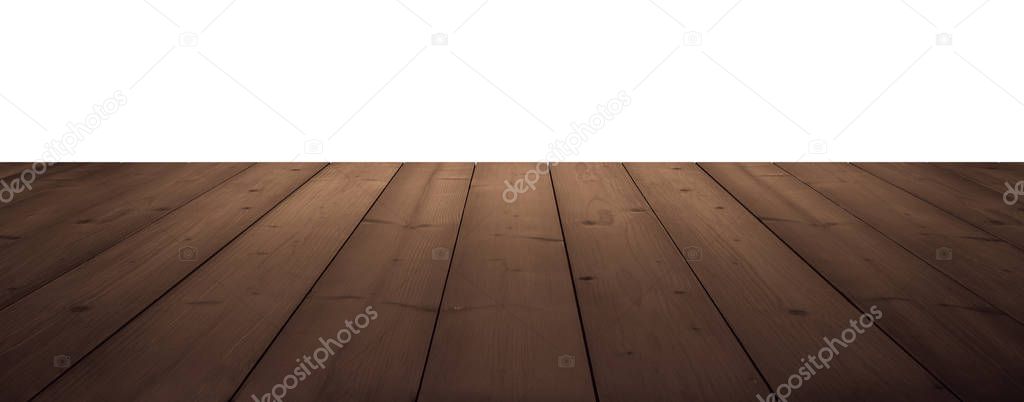 dark brown wooden planks as a table or floor in perspective, isolated on white.