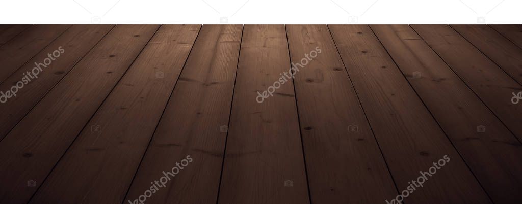 dark brown wooden planks as a table or floor in perspective, isolated on white