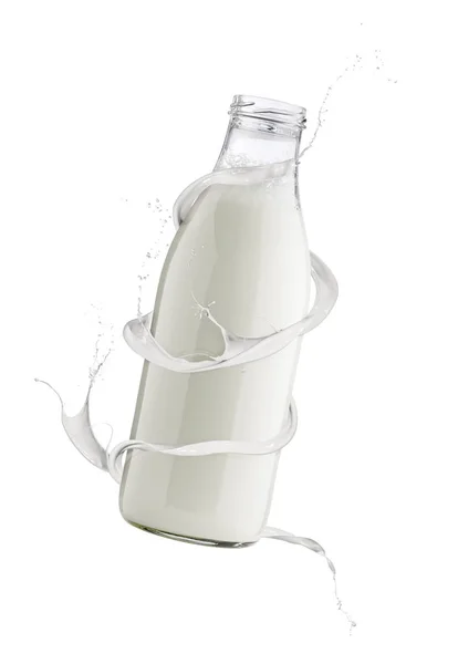Γυάλινο Μπουκάλι Γεμάτο Γάλα Γάλα Παφλασμό Κυμάτων Γύρω Απομονώνονται Λευκό — Φωτογραφία Αρχείου