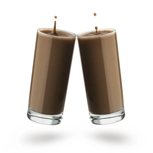 Dos Vasos Con Leche Chocolate Con Salpicadura Goteo Sobre Fondo — Foto de Stock