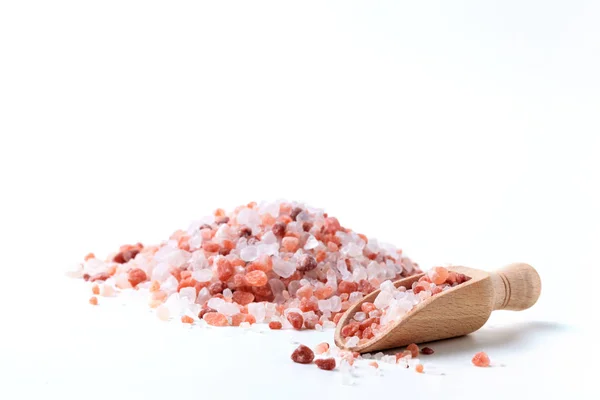 Himalaya Salt Pile Wood Spoon Isolated White Background Stock Photo