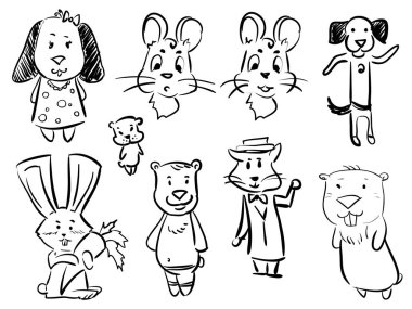Doodle karikatür hayvanlar - rebbit, köpek, ayı, kedi, fare ayarla
