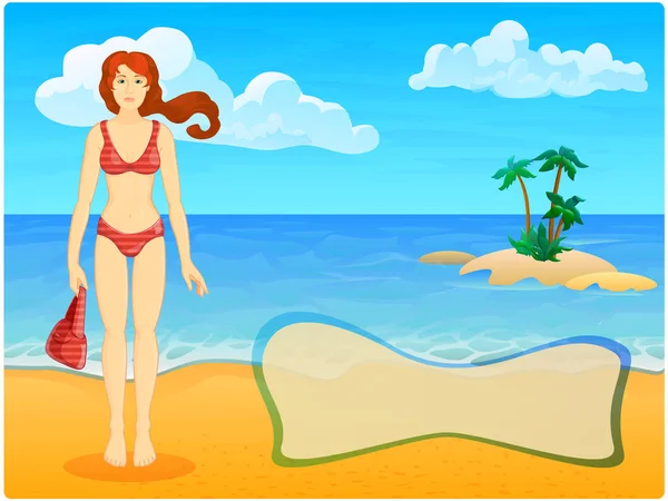 Vector Cartoon Achtergrond Afbeelding Vrouw Aan Het Strand Van Zomer — Stockvector