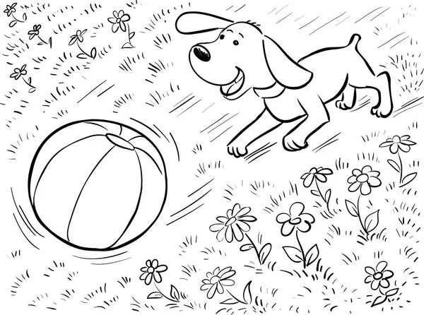 Kleurplaat Doodle Hond Spelen Bal — Stockvector