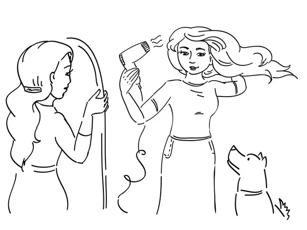 Doodle Ilustração Menina Está Segurando Espelho Menina Está Secando Cabelo —  Vetores de Stock
