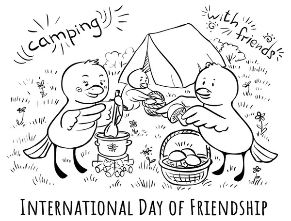 Tarjeta Felicitación Día Amistad Doodle Ilustración Camping Con Amigos — Vector de stock