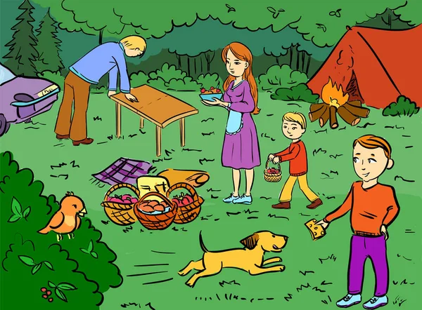 Renk illüstrasyon - aile ile büyük piknik açık rekreasyon