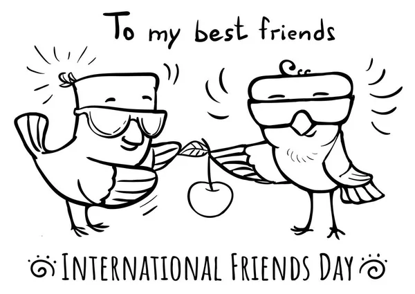 Διάνυσμα Doodle Ευχετήρια Κάρτα Φίλων Πουλιών Ημέρα Δίνουν Κεράσι Πουλιών — Διανυσματικό Αρχείο