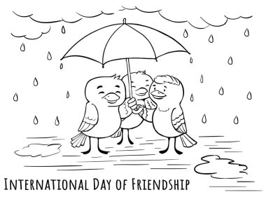 Greeting doodle card Day of friendship - under umbrells with friends together clipart