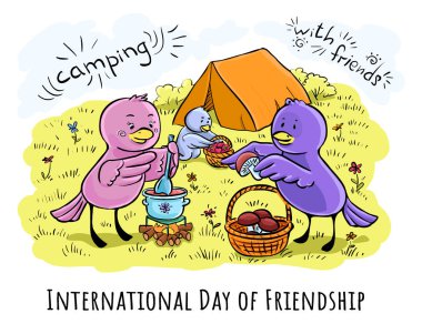 Color Greeting card Day of friendship - illustration camping with friends clipart