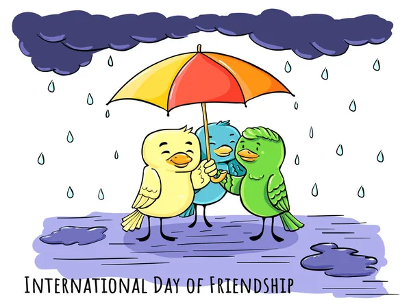 Felicitación Color Doodle Card Día Amistad Bajo Los Paraguas Con — Vector de stock