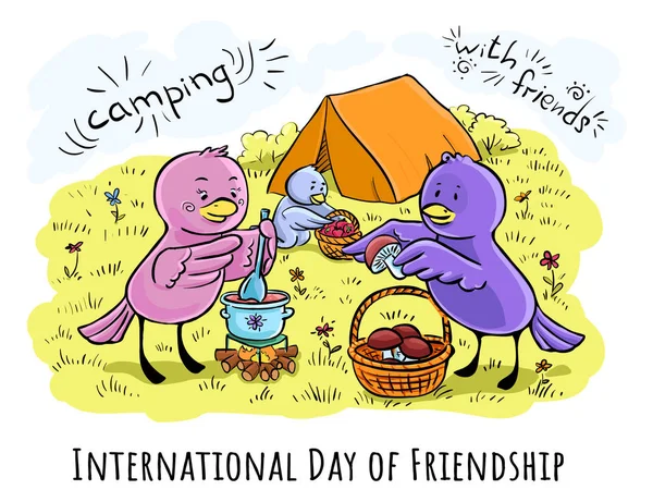 Χρώμα Ευχετήρια Κάρτα Ημέρα Φιλίας Εικονογράφηση Κάμπινγκ Τους Φίλους Σας — Διανυσματικό Αρχείο