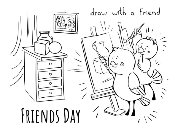 Friends Day Mit Freund Zeichnen Lernen Illustration — Stockvektor