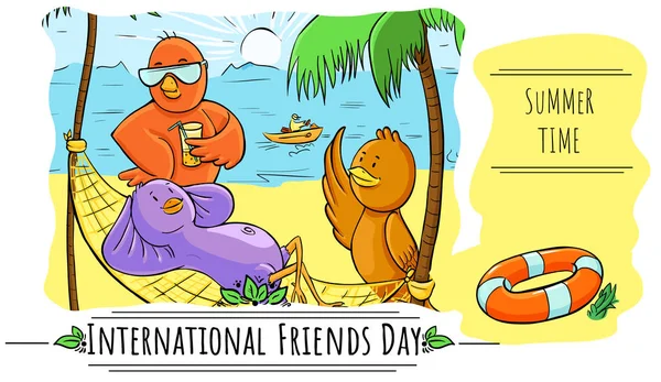 Tarjeta Felicitación Día Internacional Amistad Pájaros Vacaciones Tropicales — Vector de stock