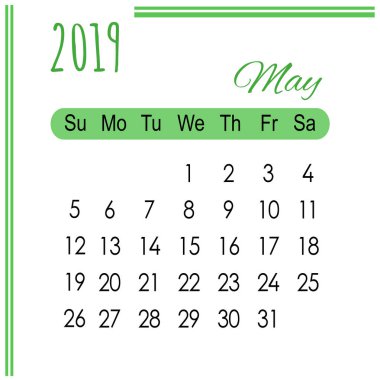 Takvim 2019 beyaz zemin üzerine yeşil