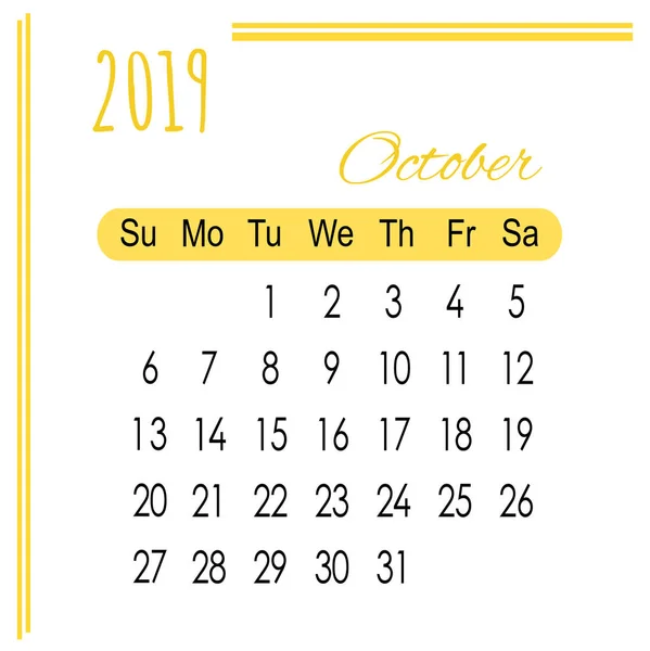 Kalender Oktober Orange 2019 Auf Weißem Hintergrund — Stockvektor