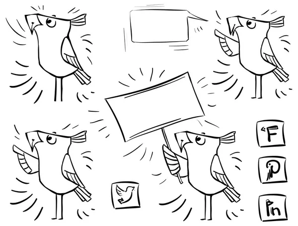 Doodle Pták Ikony Komunikace Sociální Média — Stockový vektor