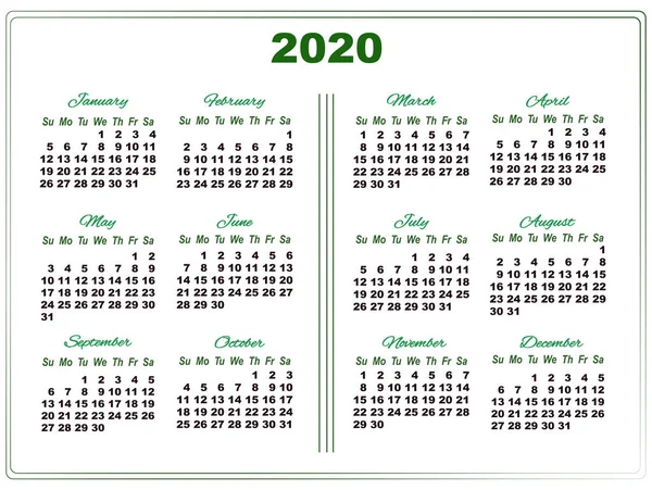 Зеленый календарь 2020 с цифрами — стоковый вектор