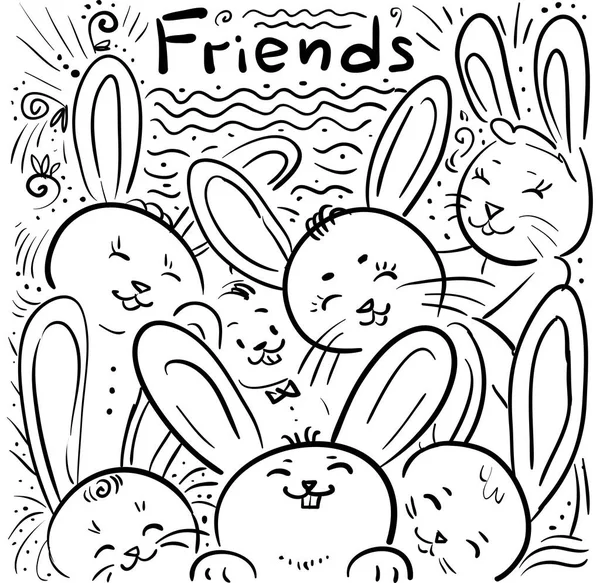 Beaucoup de lapins - illustration de décor doodle - amis — Image vectorielle